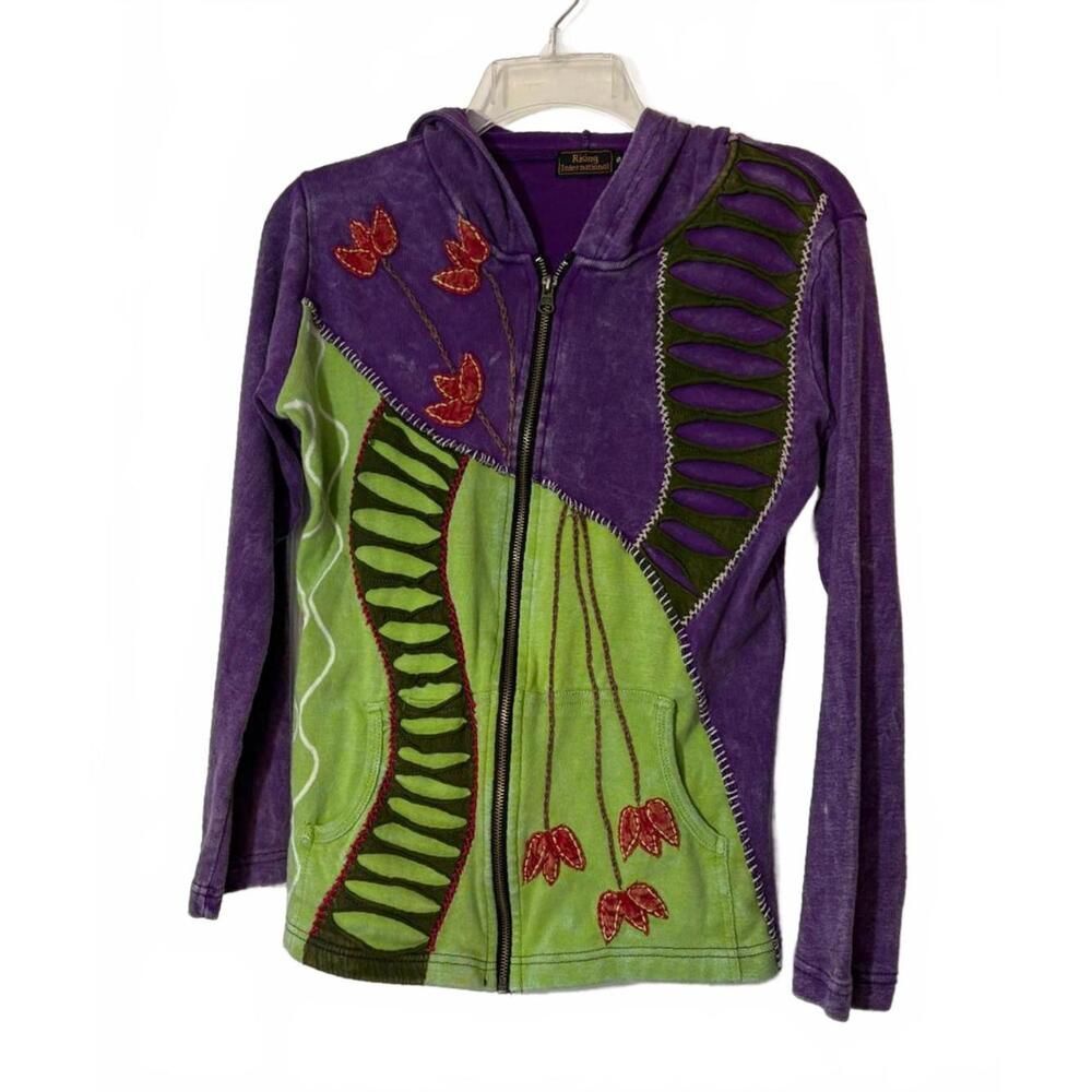 VTG Women's SM Boho Hoodie Bright Purple Green Flowers Hand-Sewn Details Y2K